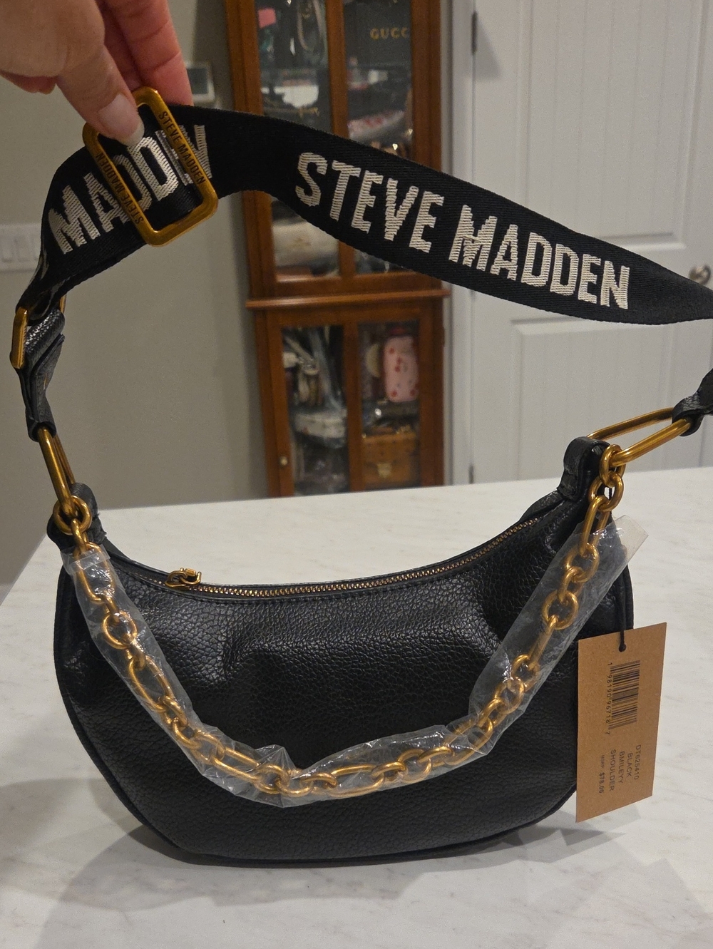 Steve Madden NWT Black Pebbled Leather Chain & Logo Strap Shoulder Bag